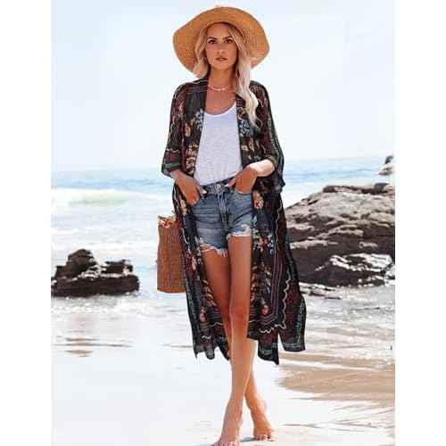 MayBuy Women's Summer Long Flowy Kimono Cardigans Boho Chiffon Beach Cover Up Tops