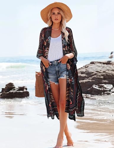 Women's Long Lightweight Kimono Cover Up - Black Floral Large