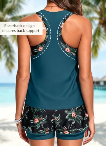 X-Large Teal and Floral 3 Piece Tankini Swimsuit Set - Athletic Bathing Suit with Boyshorts