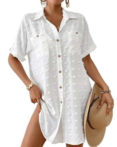 Bsubseach Women's Swiss Dot Beach Cover Up Shirt Dress Small White