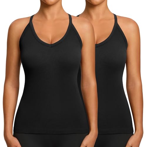 2 Pack Workout Tank Tops with Built-in Bra for Women V Neck Ribbed Set B X-Large
