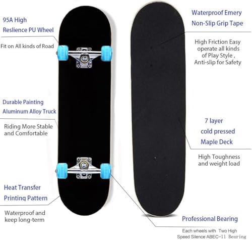 Black Complete Skateboard for Beginners Kids Teens 31x8 Double Kick Concave
