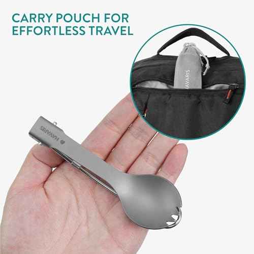 Navaris Titanium & Stainless Steel Spork - Lightweight & Foldable Travel Cutlery - Compact Reusable Fork & Spoon with Locking Mechanism & Carry Bag - Sporks for Camping & Outdoors
