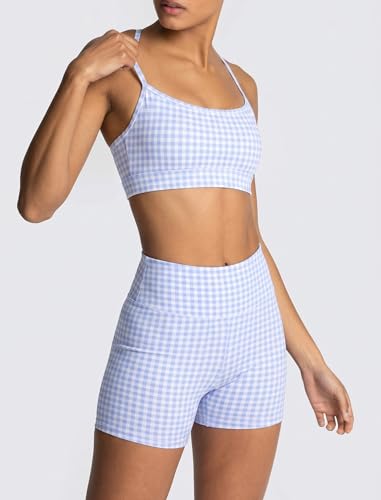 Gingham Blue Workout Sets for Women 2 Piece Sports Bra & High Waist Shorts - Medium