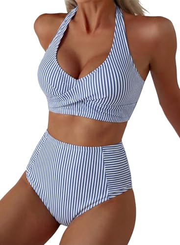 Herseas Women's High Waisted 2 Piece Bikini Set - Blue Stripe, Medium