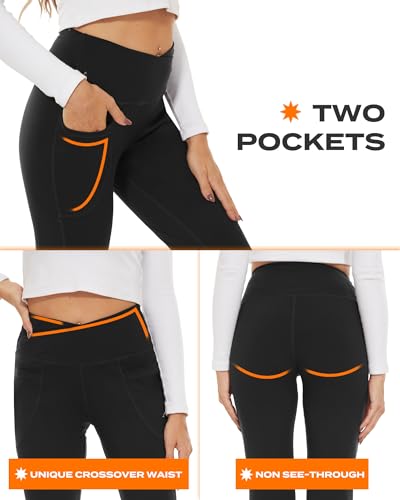 Black Flare Leggings for Women - Crossover Yoga Pants with Pockets - Small, V Rise-Two Pocket