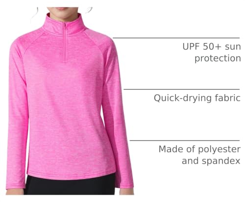 Girls Long Sleeve Athletic Shirt Quarter Zip Pullover for Sports - Pink 7-8 Years