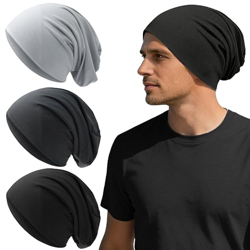 Qearl 3-Pack Slouchy Beanie Hats - Cooling Skull Caps for Men Cycling Sport