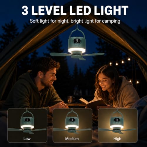Dark Green Camping Tent Fan with Light - Rechargeable Hanging Fan with Remote, 11.4 Inches
