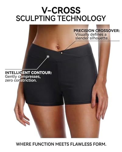 Women's V Cross Swim Shorts Tummy Control Bottoms Medium Black - Plus Size Available