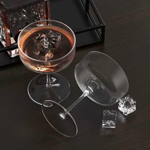 6 Pack Ribbed Coupe Cocktail Glasses - 10 oz Classic Martini Set with Gift Box
