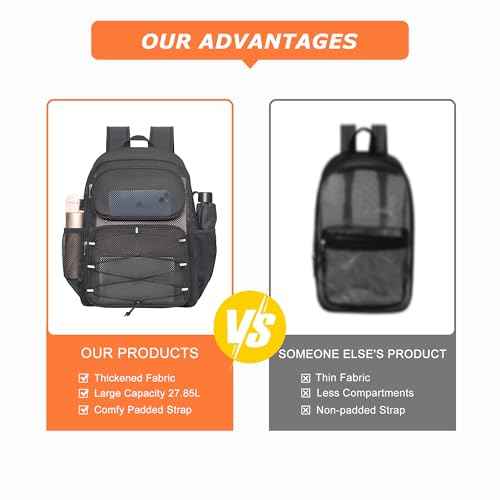 Mesh Backpack Heavy Duty See Through Mesh Bag with Paded Strap Large Capacity for Sports Hiking Travel Outdoor Beach, Black