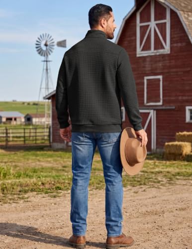 Men's Large Black Quarter Zip Pullover Sweatshirt - Waffle Fleece with Leather Accents