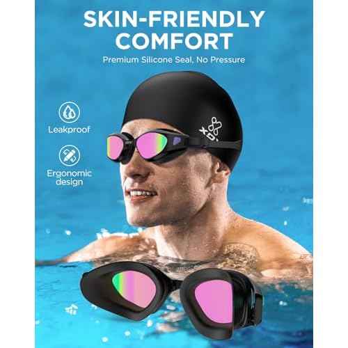 XDX Swim Goggles with Swim Cap Anti-Fog Pool Goggles with Detachable Lenses Swimming Goggles Cap Set for Youth Men Women