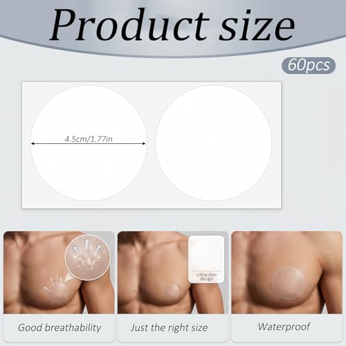 60 Pcs Men’s Adhesive Nipple Covers - No Show, Transparent for Running & Sports