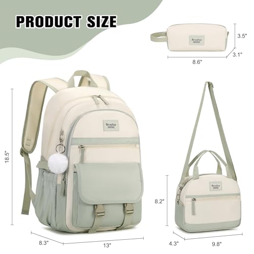 Girls Backpack Set with Lunch Box and USB Port - Green Beige, 17.3 Inch