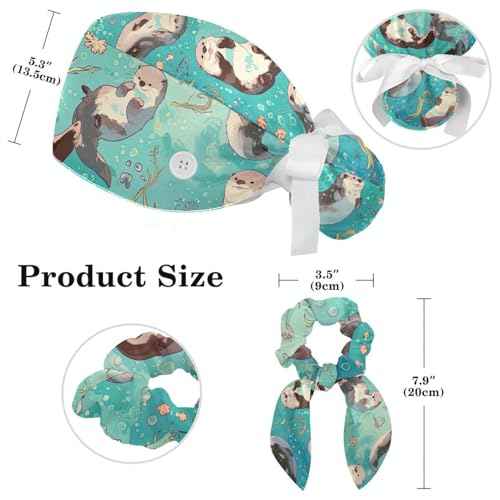 Scrub Caps Women, Adjustable Surgical Caps with Ponytail Pouch, Working Cap with Bow Hair Scrunchy, Bouffant Hat with Buttons, Otter Ocean Animal Cartoon Cute Turquoise