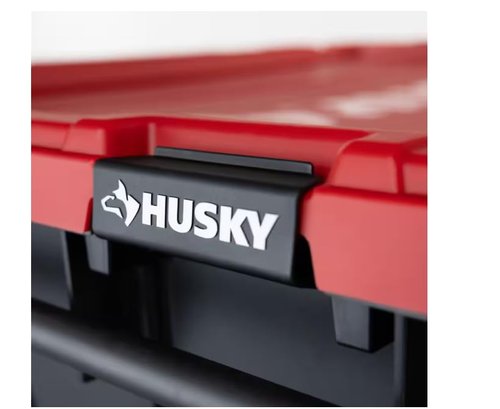 Husky 170 Gallon Pro Grip Storage Tote, Black/Red, Wheeled with Steel Handle, 48.6 x 40.1 x 27.4 inches