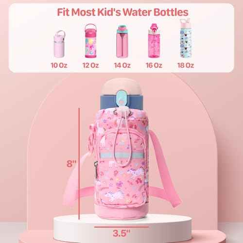 Water Bottle Carrier for Kids - Water Bottle Holder Sling Bag with Adjustable Strap, Girls Water Bottle Bag for 10/12/14/16/18Oz Water Bottles Walking Hiking Trip Camping, Pink Unicorn