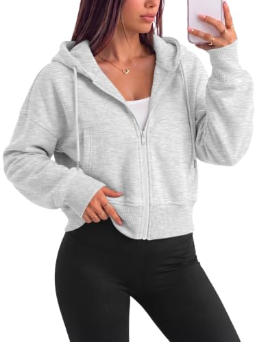 Trendy Queen Women's Zip Up Cropped Hoodie Grey Medium Drop Shoulder Casual Sweatshirt