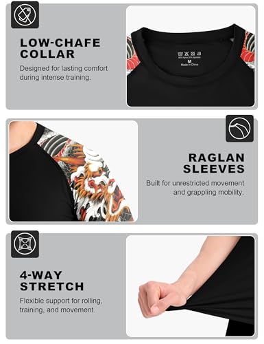 Roadbox Men's BJJ Rash Guard Short Sleeve - Large / Black & Orange Dragon