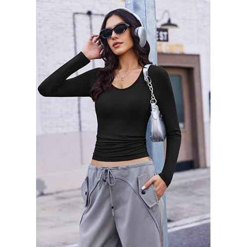 Ekouaer Deep V Neck Shirts for Women Long Sleeve Thermal Tops Slim Fit Lightweight Undershirts Soft Low Cut Tees XS-XXL