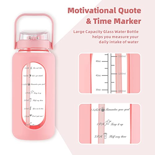 42 oz Glass Water Bottle with 2-in-1 Straw Lid, Large Half Gallon with Time Marker