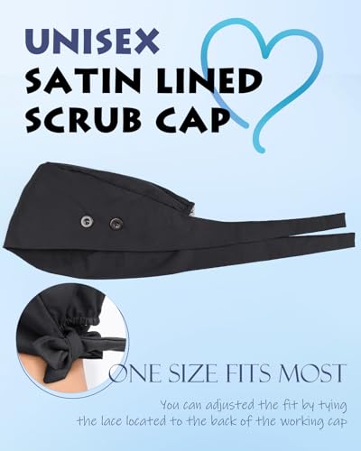 2 Pcs Satin Lined Scrub Caps for Nurses Women Men with 4 Buttons - Black