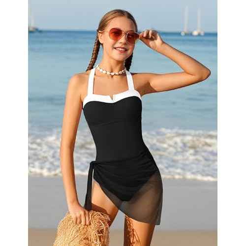 Shallmu Girls One Piece Swimsuits Color Block Dual Crossback Straps with Cover Up Skirt Girl's Swimwear 9-16Y