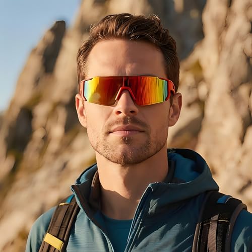 Sports Sunglasses for Men Women Running Baseball Cycling UV400 Red Mirror 75mm