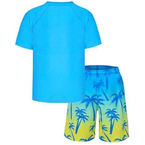 Boys Two Piece Rash Guard and Swim Trunks Outfit Set Kids Short Sleeve Swimsuit