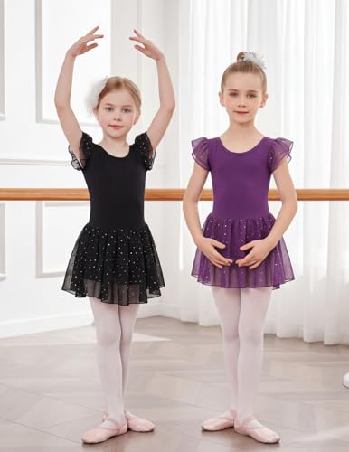 Girls Ruffle Sleeve Ballet Leotard with Criss-Cross Back - Dark Purple, 6-7 Years