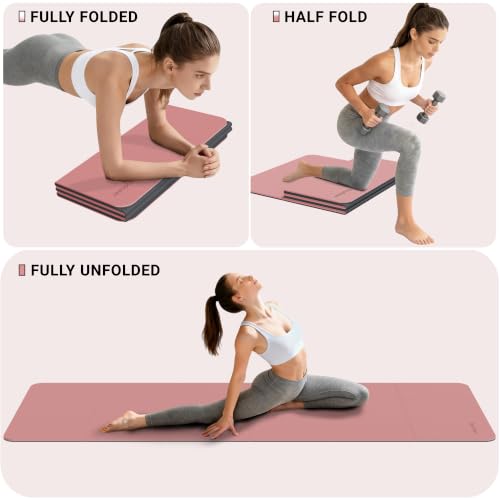 Pink & Gray Foldable Yoga Mat - 10mm Extra Thick Non-Slip TPE for Home Gym & Workout