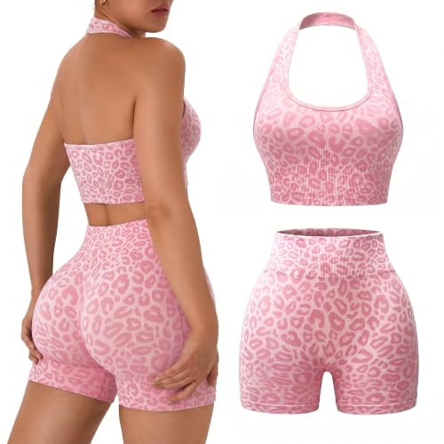 OLCHEE Womens Workout Sets 2 Piece Leopard Pink Halter Sports Bra Scrunch Butt Shorts - Medium