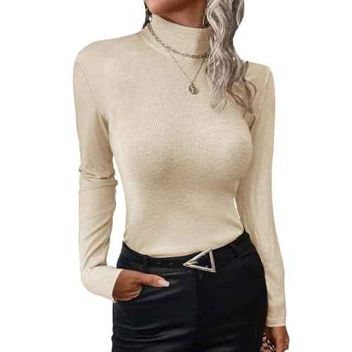 Womens Ribbed Long Sleeve Mock Neck Tops Fall Winter Fitted Shirts for Women 2025
