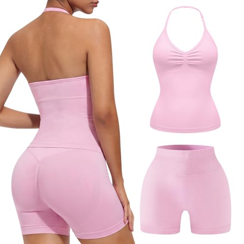 Pink 2 Piece Workout Sets for Women Halter Neck Tank Top & High Waist Scrunch Shorts - Medium