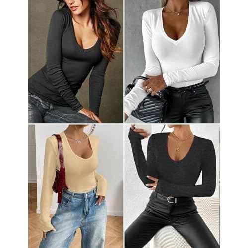 Ekouaer Deep V Neck Shirts for Women Long Sleeve Thermal Tops Slim Fit Lightweight Undershirts Soft Low Cut Tees XS-XXL
