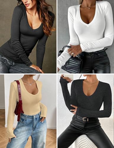 Deep V Neck Long Sleeve Women's Shirt Low Cut Top Compression T Shirt Black Medium