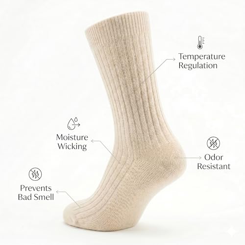 Men's Wool Winter Socks - 3 Pairs Natural Pure Warm Boot Socks - Cream
