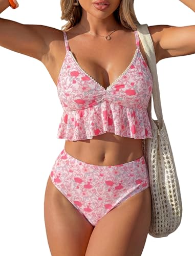 Pink Floral High Waist Bikini Set with Ruffle Trim and V Neck - Medium
