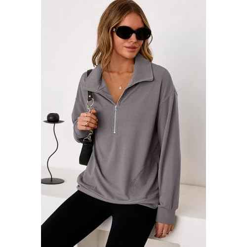 Dokotoo Womens Sweatshirt Waffle Knit Long Sleeve Lapel Half Zip Up Casual Lightweight Soft Sweatshirts Loose Pullover Tops