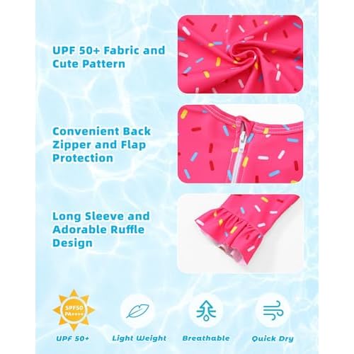 Girls One Piece Swimsuits Long Sleeve Ruffle Zipper Bathing Suit Cute Kids UPF 50+ Rashguard Swimwear 1-6 Years