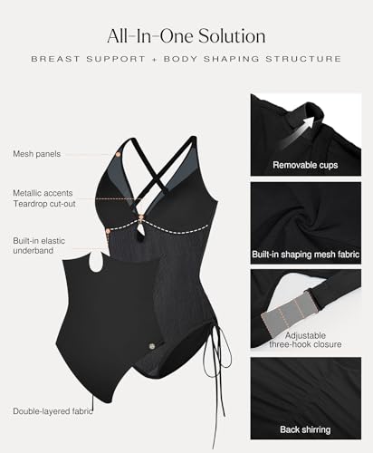 Popilush Tummy Control One-Piece Swimsuit for Women - Large Black Shapewear Bathing Suit