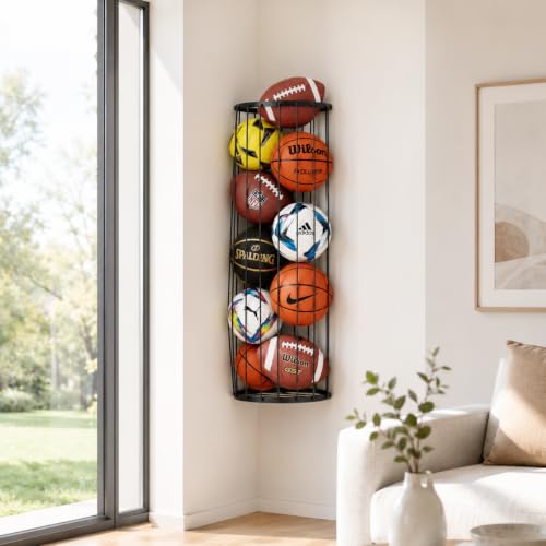 Wall-Mounted Ball Storage Rack with Elastic Cord & Mini Basketball Hoop