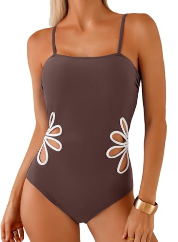 Herseas Women's Floral Cutout Tummy Control High Cut One-Piece Swimsuit - Medium Brown