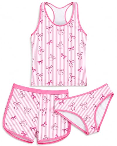 Girls Tankini Swimsuit 3 Piece Bathing Suit Set Pink White Striped Bow Summer UPF 50+ Racerback