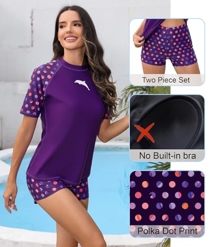 Women Short Sleeve Rash Guard Swim Shirt with Board Shorts Set