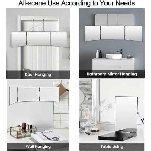 3 Way Mirror-360 Mirror for Self Hair Cutting, Adjustable & Foldable Trifold Barber Mirror with Telescoping Hooks, Barber Accessories for Men Shaving DIY Haircut Women Dyeing Makeup(Black Without LED)