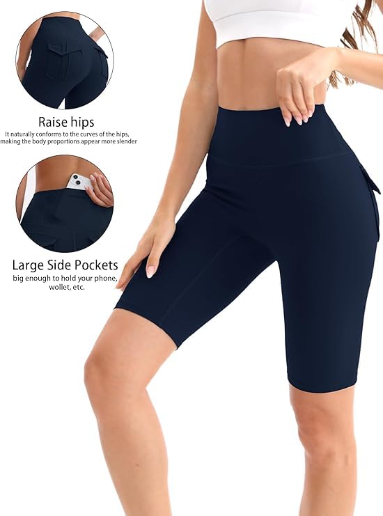 Women’s High Waisted Biker Shorts with Pockets - Large, Black White Navy 3-Pack