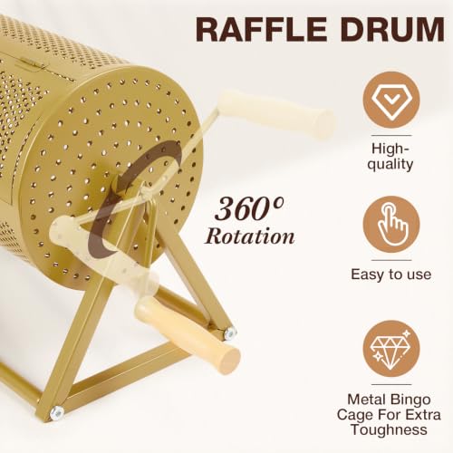 Teenyyou Gold Raffle Drum Ticket Spinner with Wooden Handle, 2500 Capacity